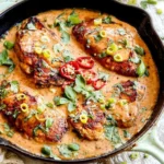 Plate of Coconut Chicken served with rice and garnished with fresh herbs