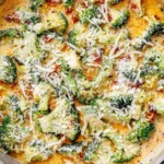 Creamy garlic parmesan broccoli with bacon in a serving bowl