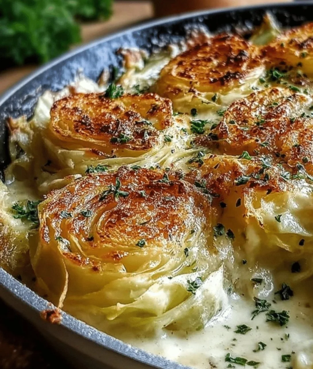 Creamy garlic parmesan cabbage dish served in a bowl