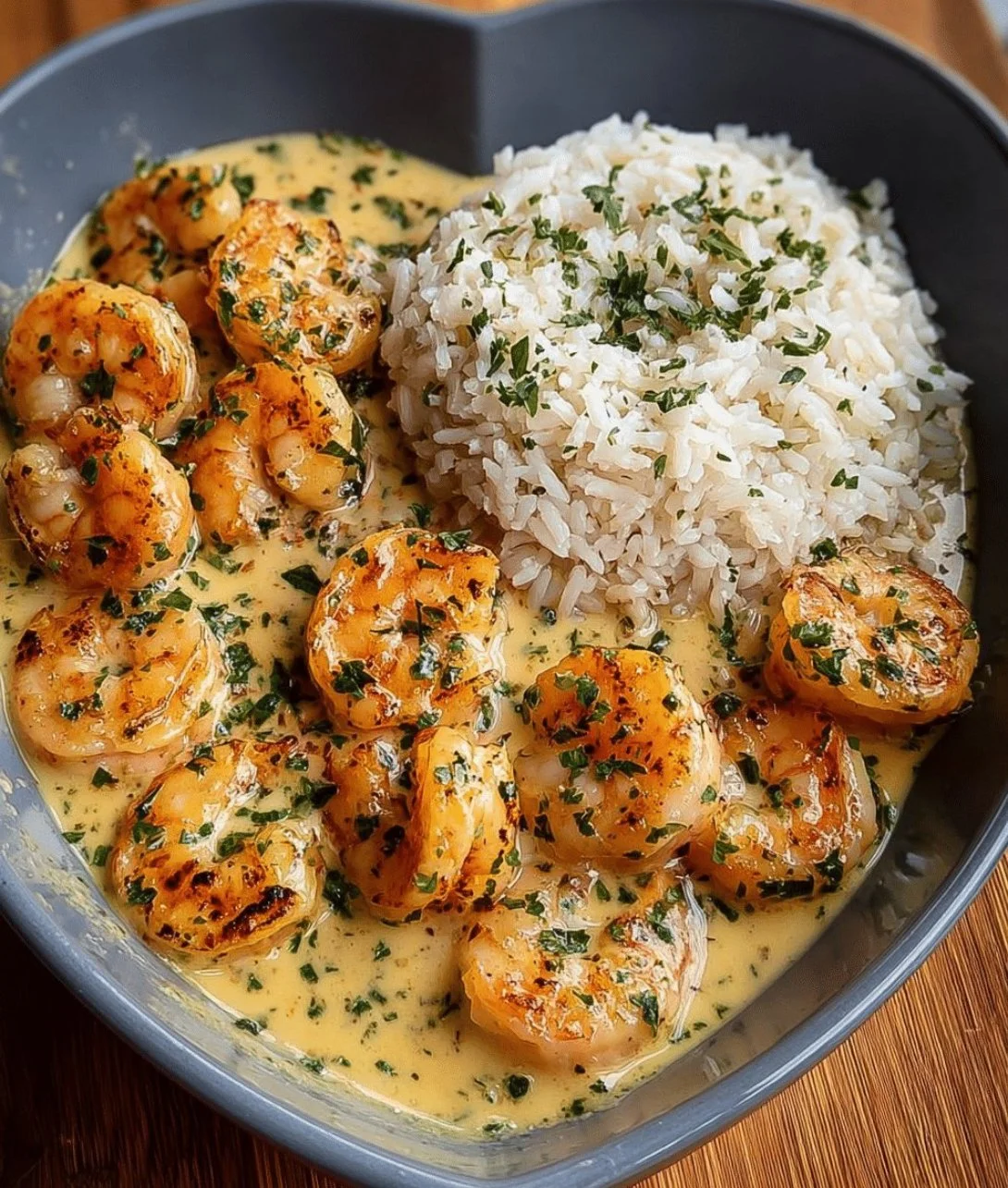 Creamy garlic shrimp served on a bed of rice garnished with herbs