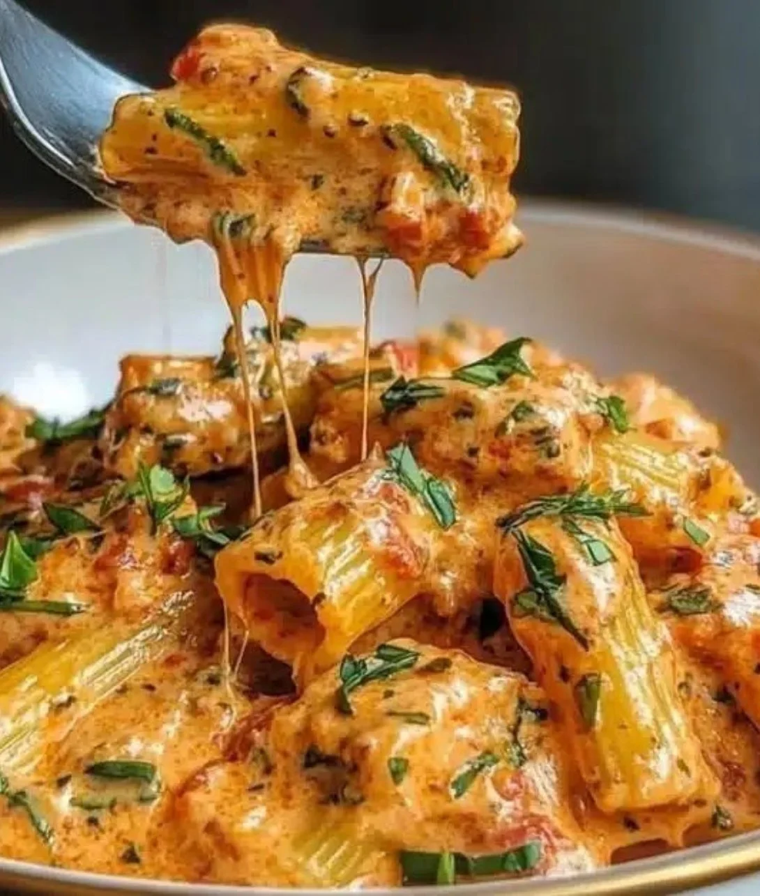 Creamy tomato garlic pasta dish garnished with fresh herbs