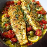Plate of easy Mediterranean baked fish with vegetables and herbs