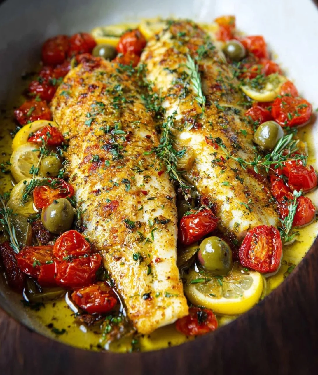 Plate of easy Mediterranean baked fish with vegetables and herbs