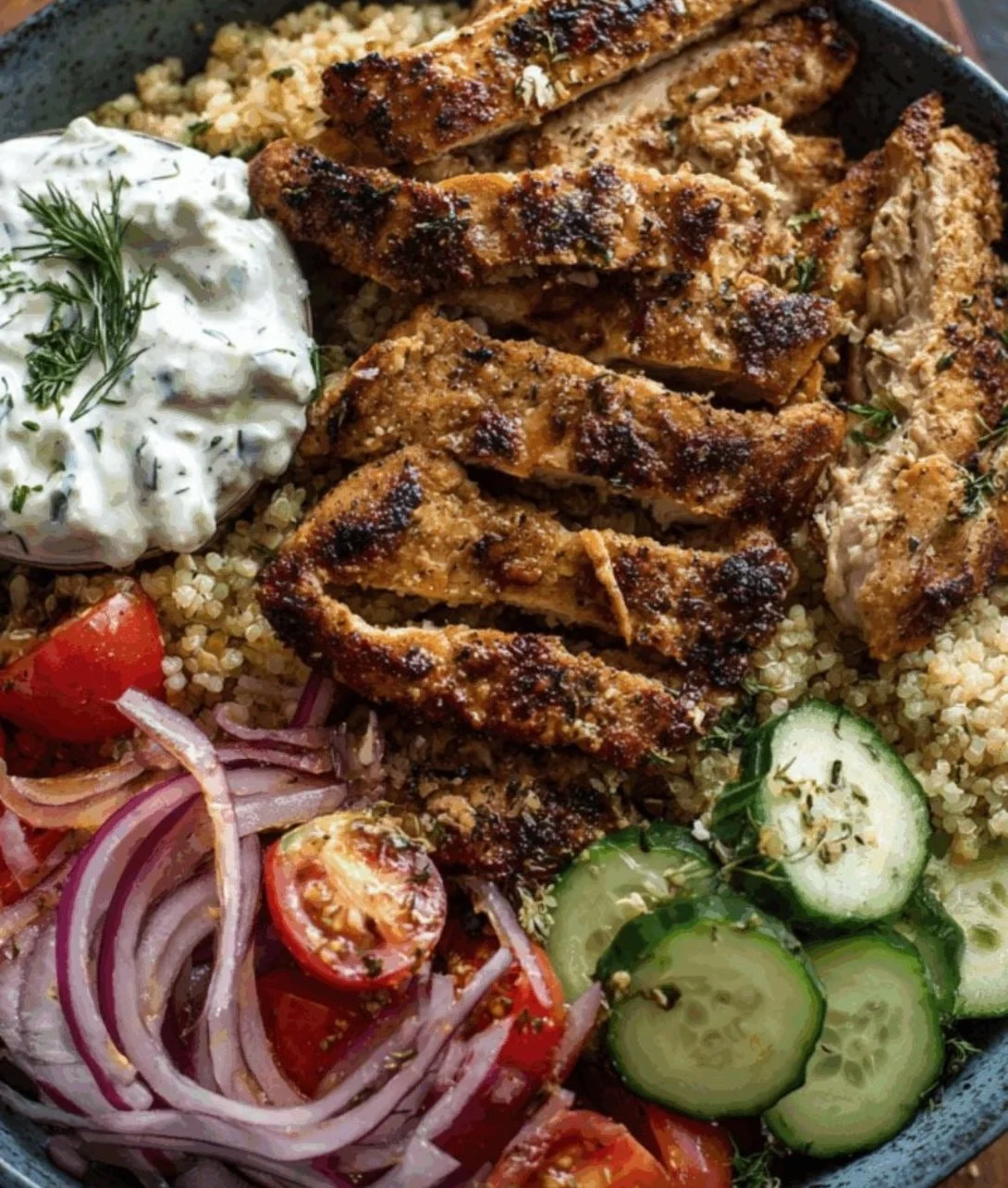 A beautiful Mediterranean dinner plate featuring vibrant vegetables and grilled chicken.