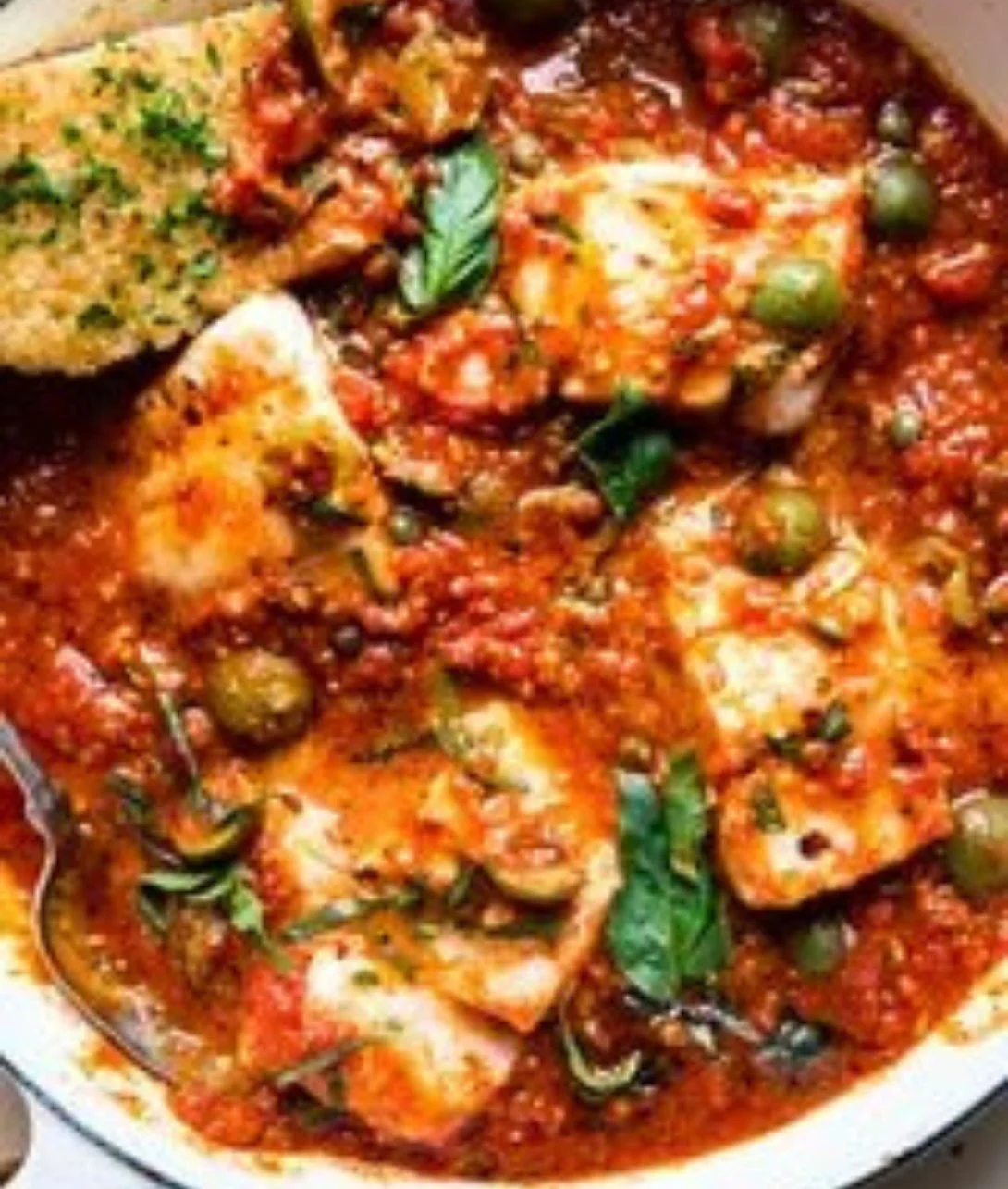Plate of Fish Puttanesca featuring fish, tomatoes, olives, and herbs.