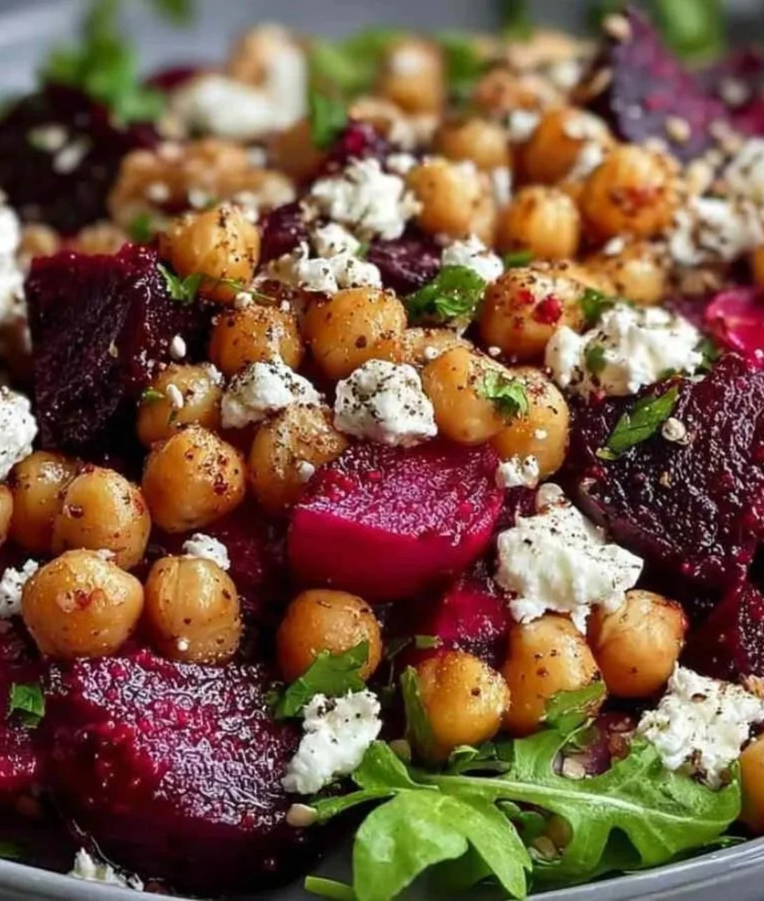 Fresh Chickpea, Beet, and Feta Salad in a bowl