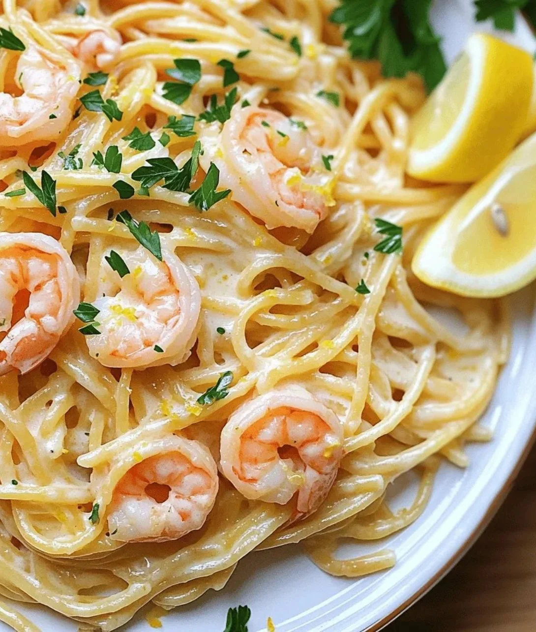 Gordon Ramsay's shrimp scampi served with pasta and garnished with parsley
