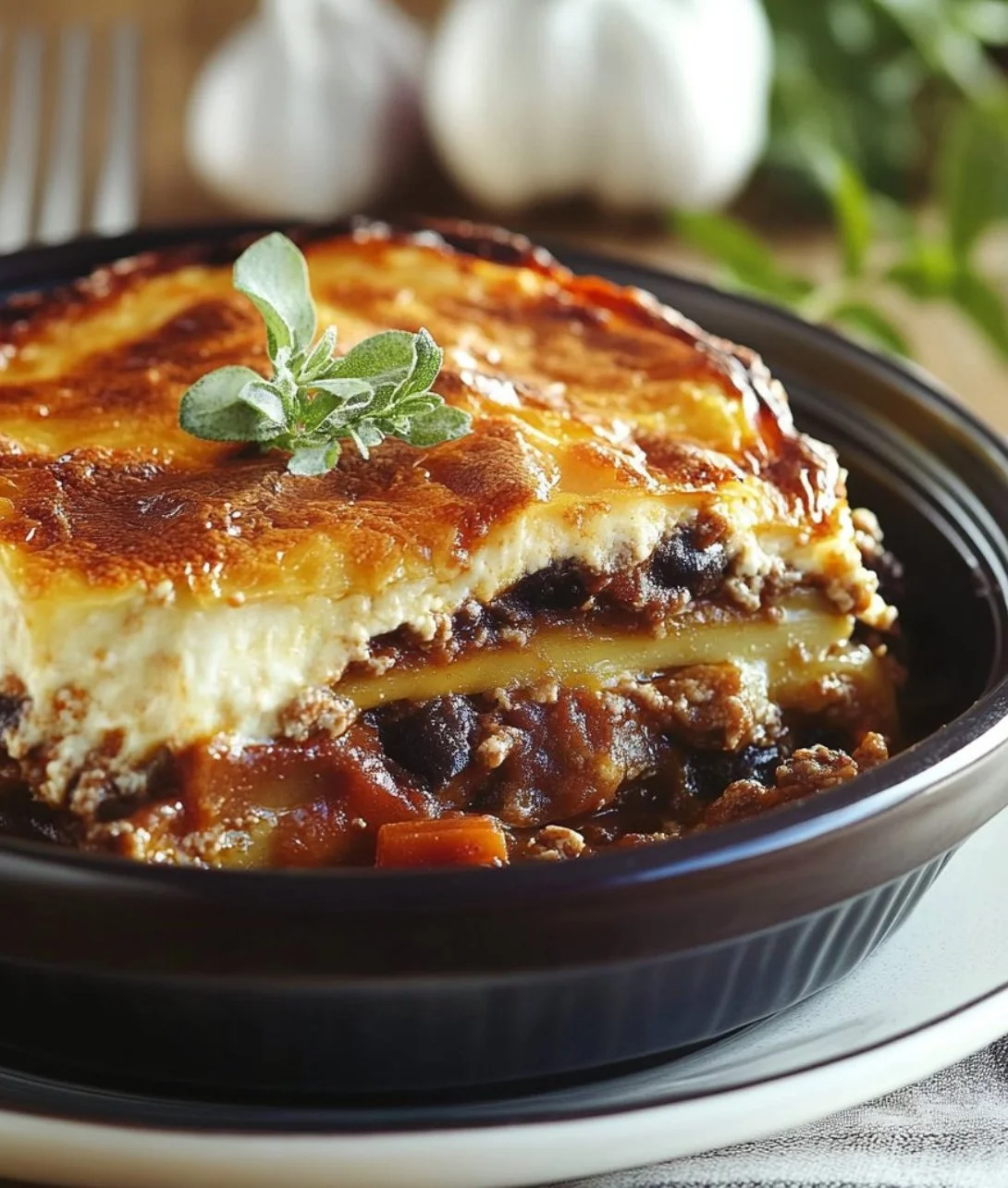 Layered Greek Moussaka with eggplant and ground meat served in a casserole dish.