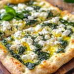 Greek Roasted Garlic Spinach White Pizza topped with fresh spinach and garlic