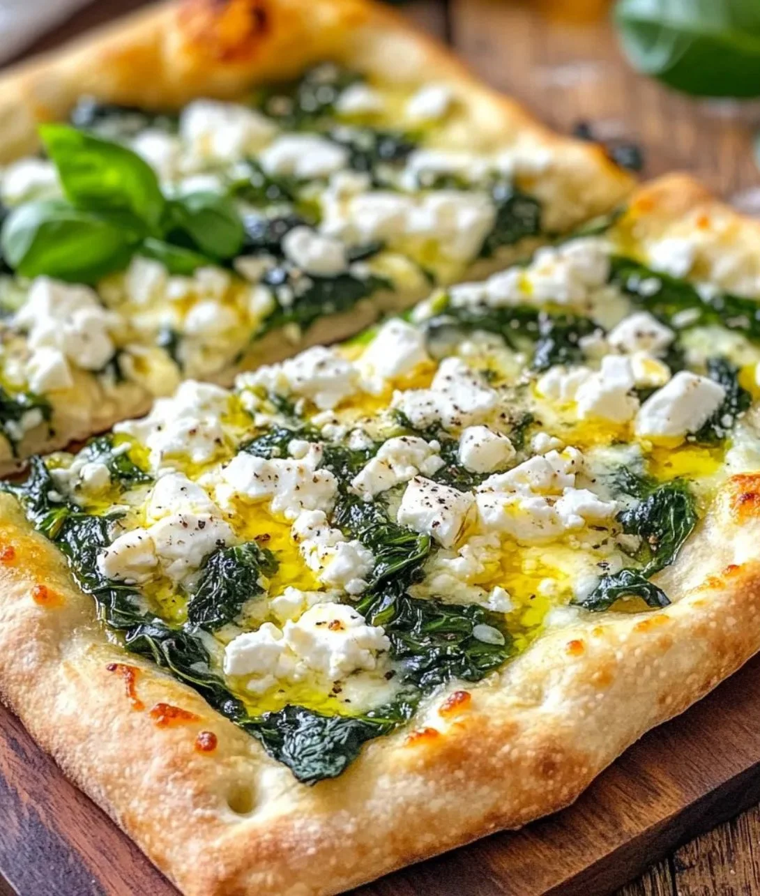 Greek Roasted Garlic Spinach White Pizza topped with fresh spinach and garlic