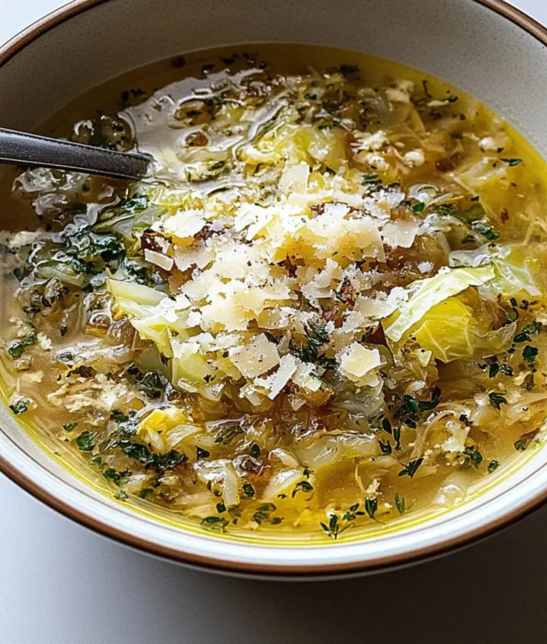 Herby cabbage in rich Parmesan broth, garnished for presentation.