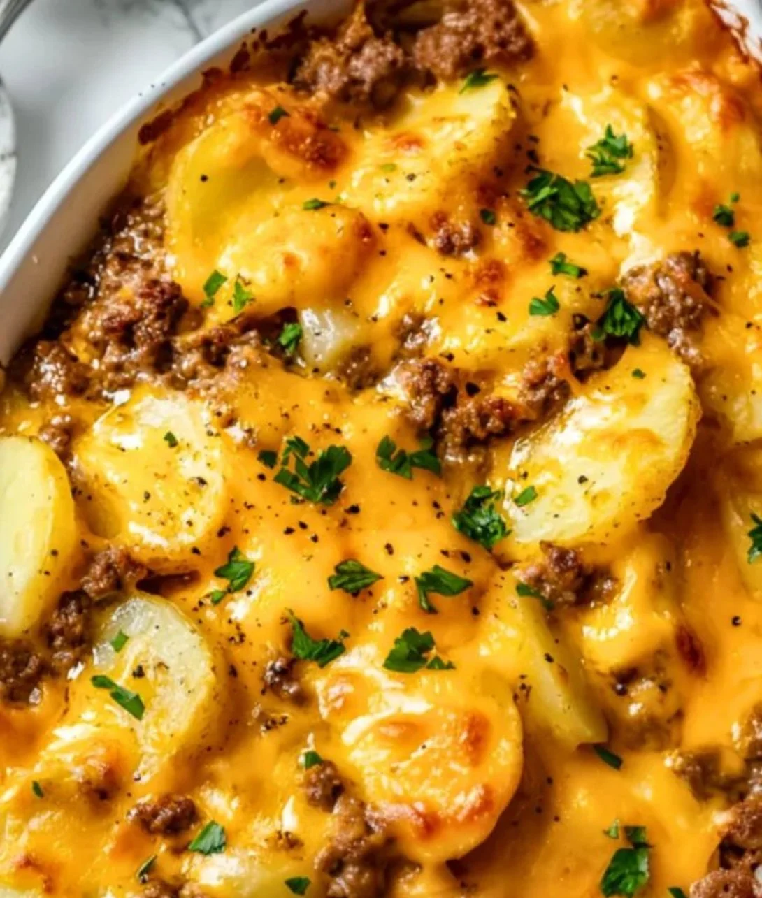 Delicious Hobo Casserole baked with ground beef and vegetables