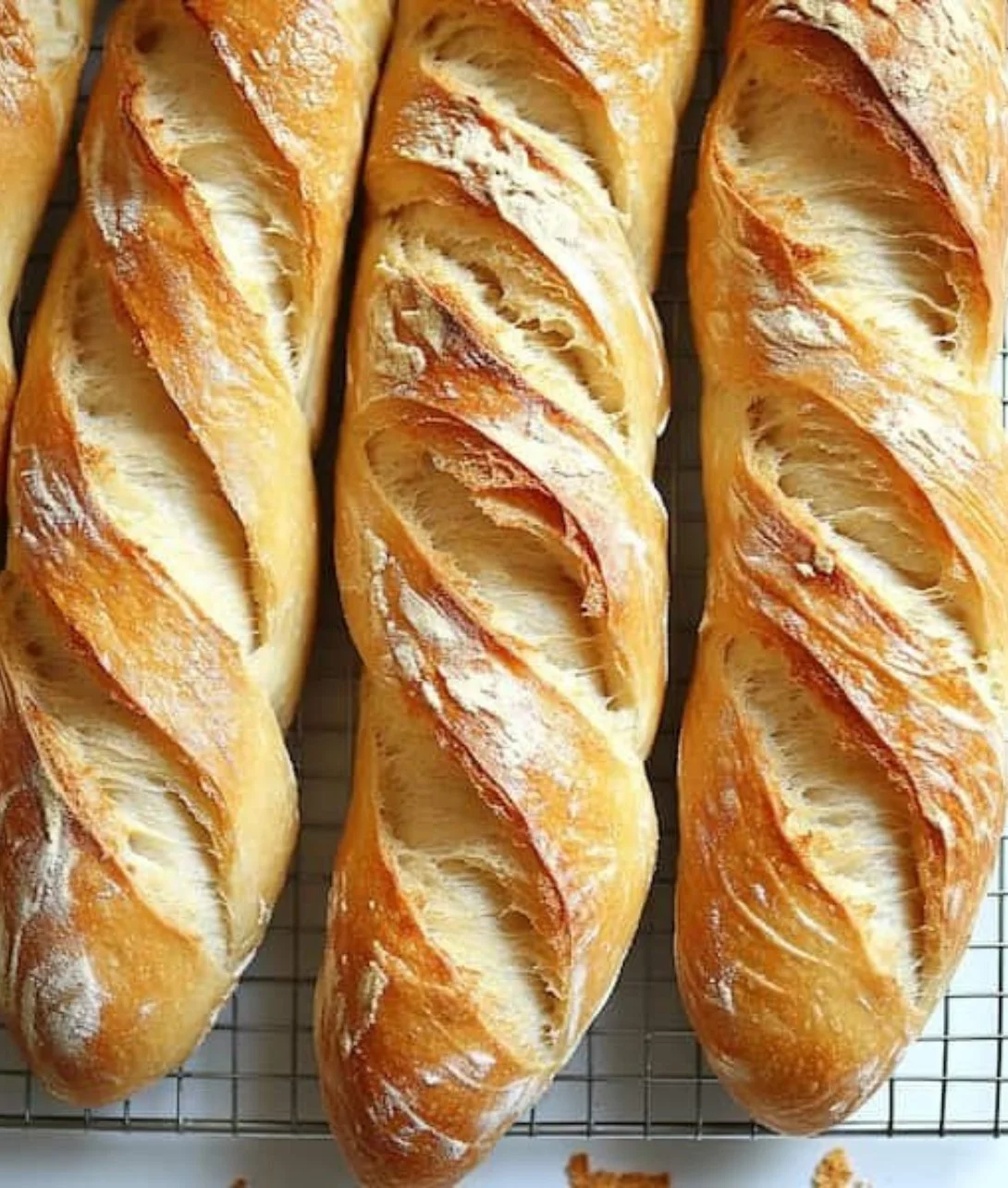 Homemade baguette loaf with a crispy crust and soft inside on a wooden cutting board.