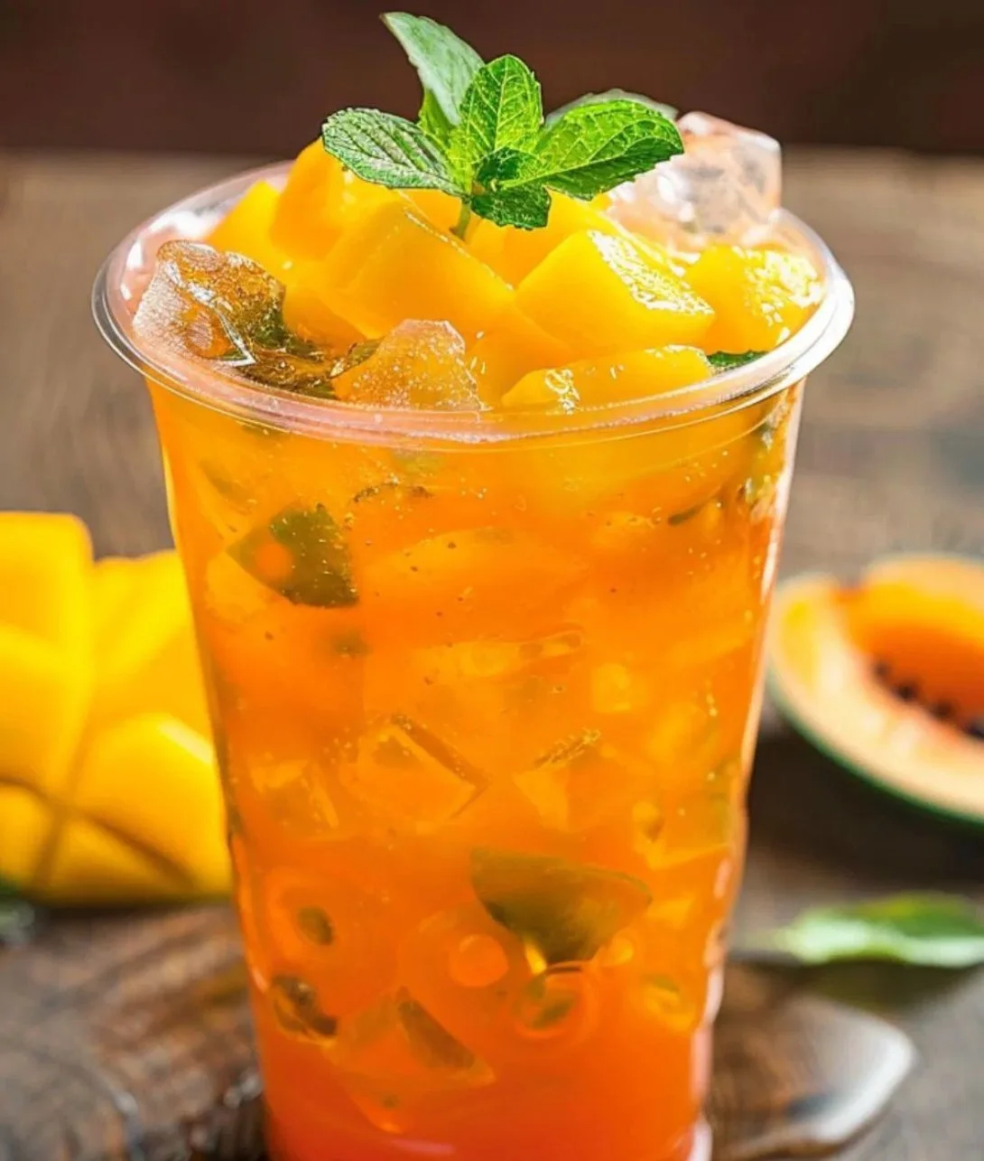 Glass of homemade mango iced tea with fresh mango slices and mint leaves.
