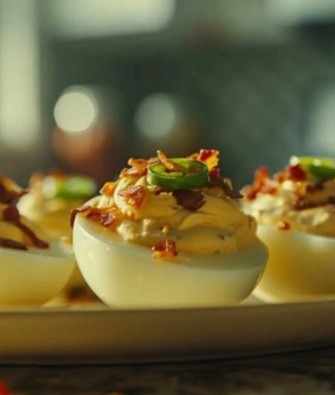 Plate of jalapeño popper deviled eggs garnished with jalapeños and bacon.