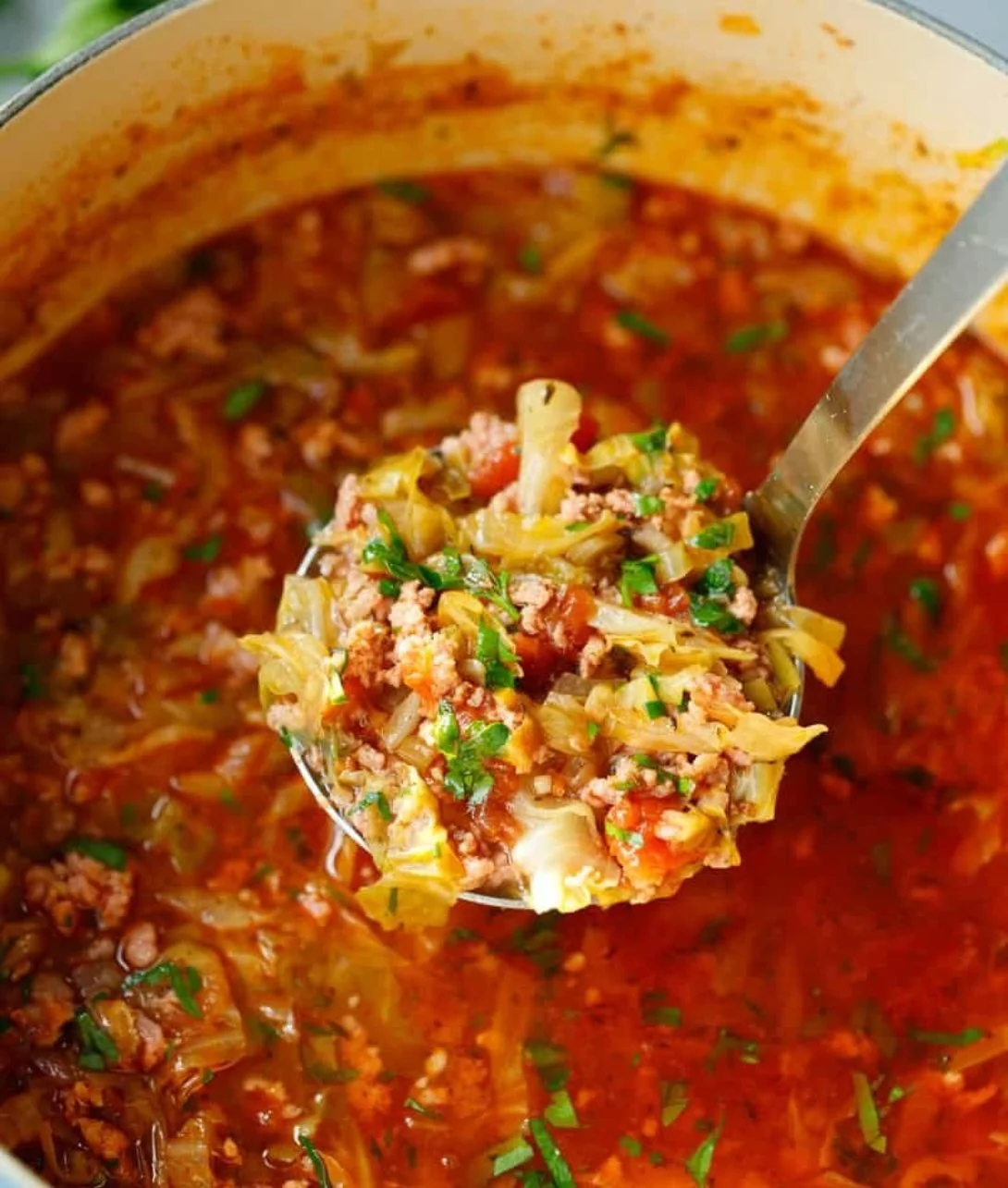 Bowl of delicious Keto Cabbage Soup topped with herbs and spices