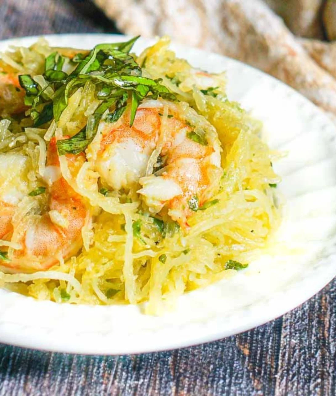 Keto Shrimp Spaghetti Squash with Fresh Basil Served in a Bowl