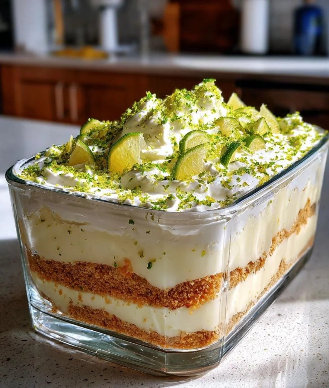 Key Lime Pie Trifle with layers of cream and lime on a decorative dish