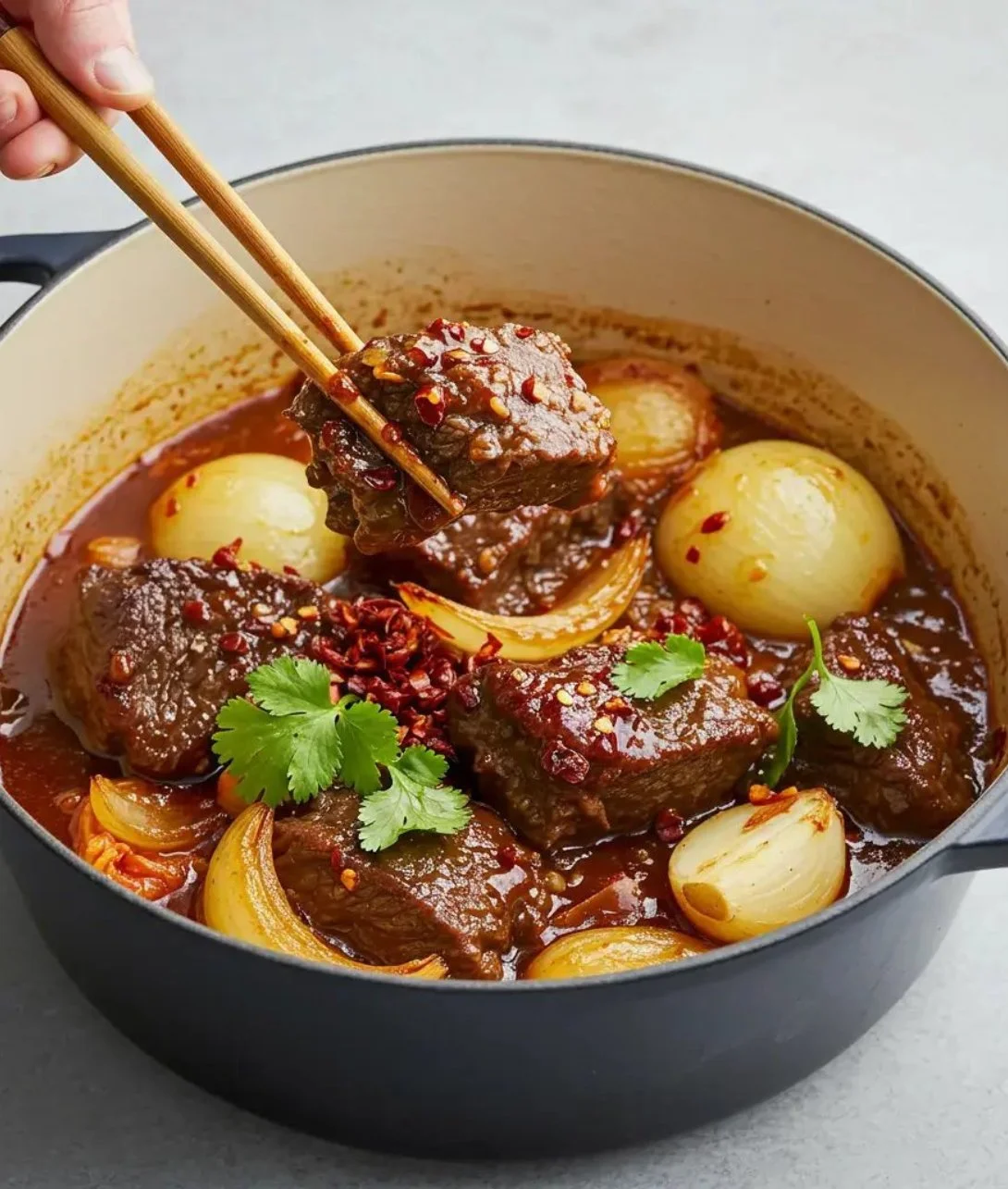 Korean style pot roast with spices and vegetables in a bowl