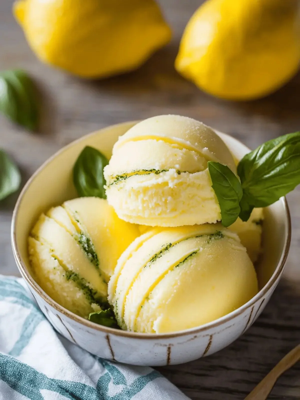 Refreshing Lemon Basil Sorbet served in a bowl with fresh basil leaves.