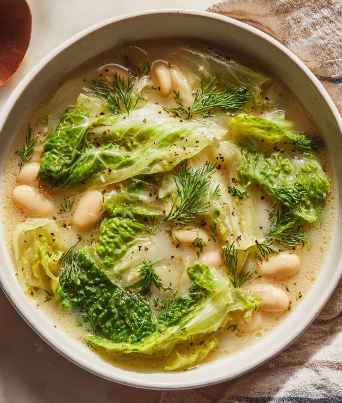 Bowl of Lemon Dill Cabbage Soup with fresh herbs and lemon slices