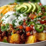 Loaded Potato Taco Bowl topped with colorful ingredients and spices.