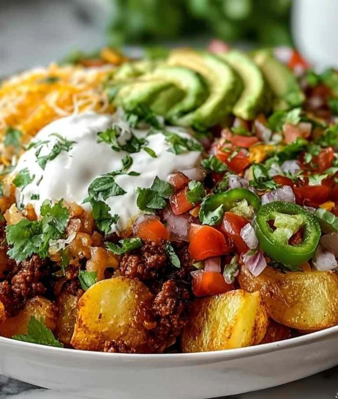 Loaded Potato Taco Bowl topped with colorful ingredients and spices.