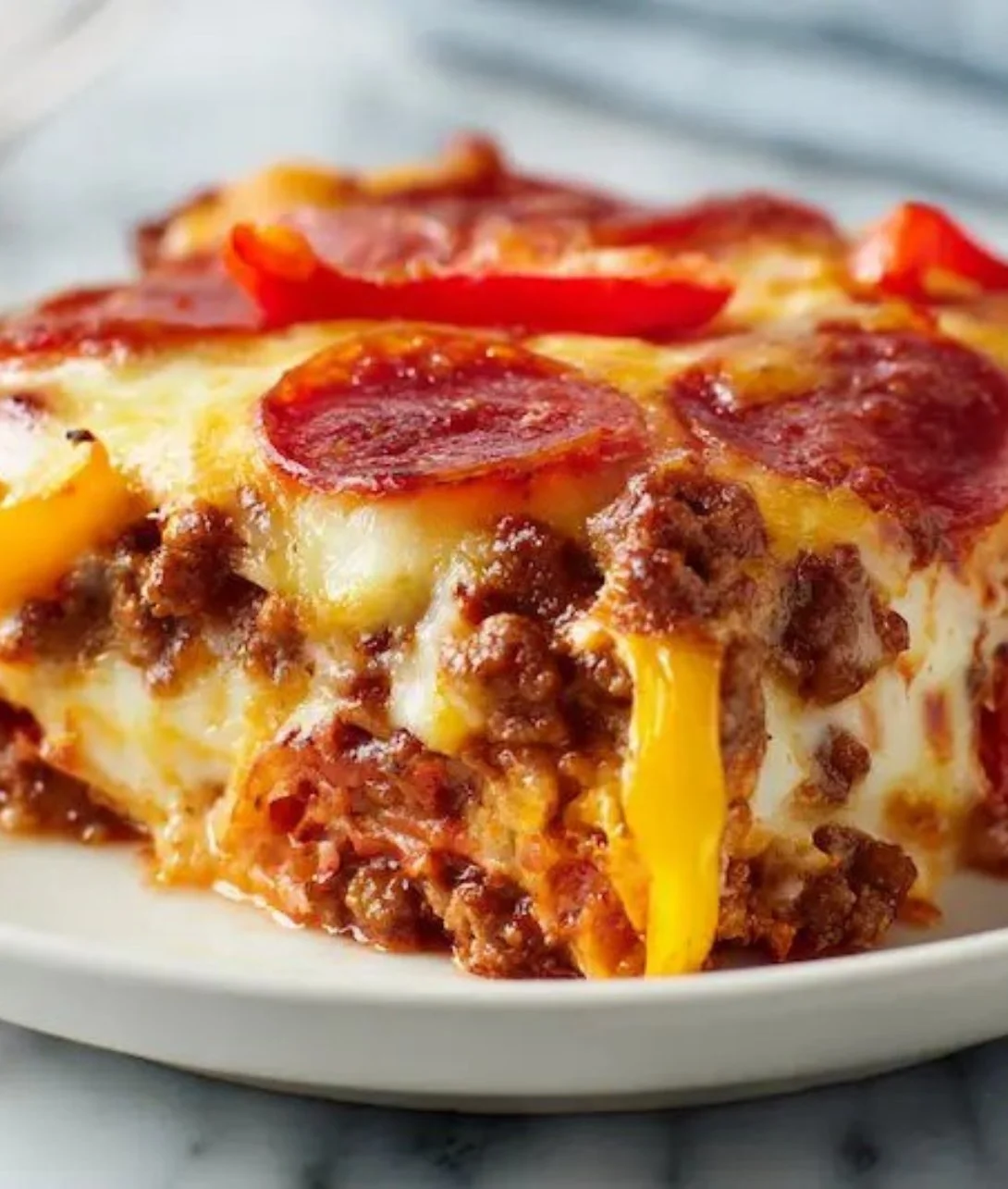 Low Carb Pizza Casserole baked with cheese and vegetables