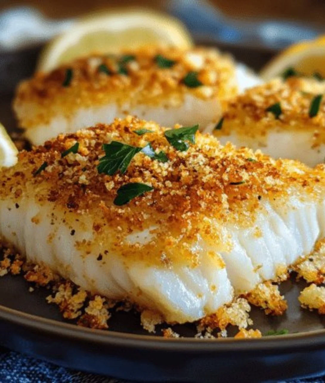 Mayonnaise and panko crusted baked fish served on a plate with lemon slices