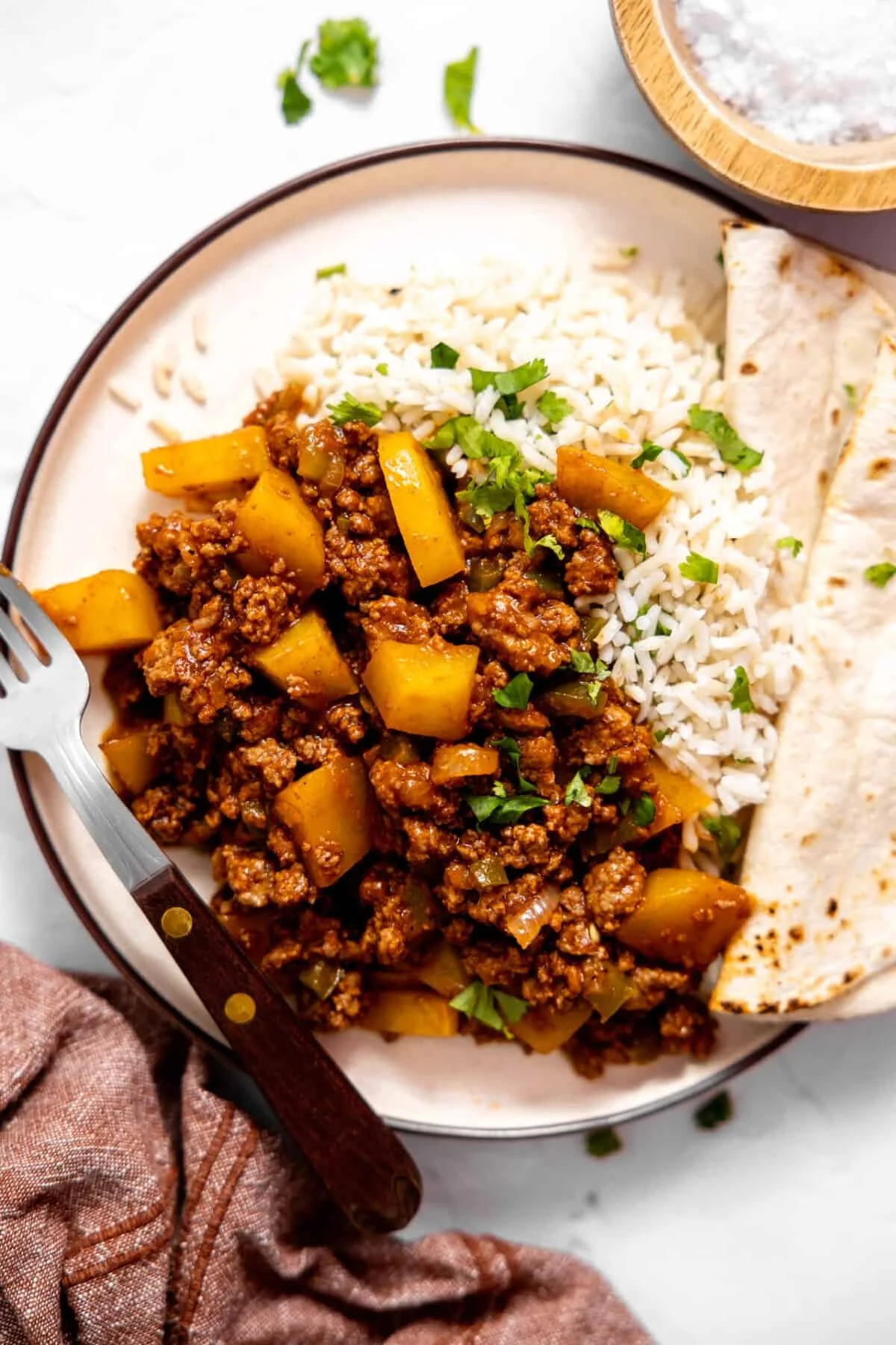 Delicious Mexican Picadillo made with beef and potatoes served in a bowl