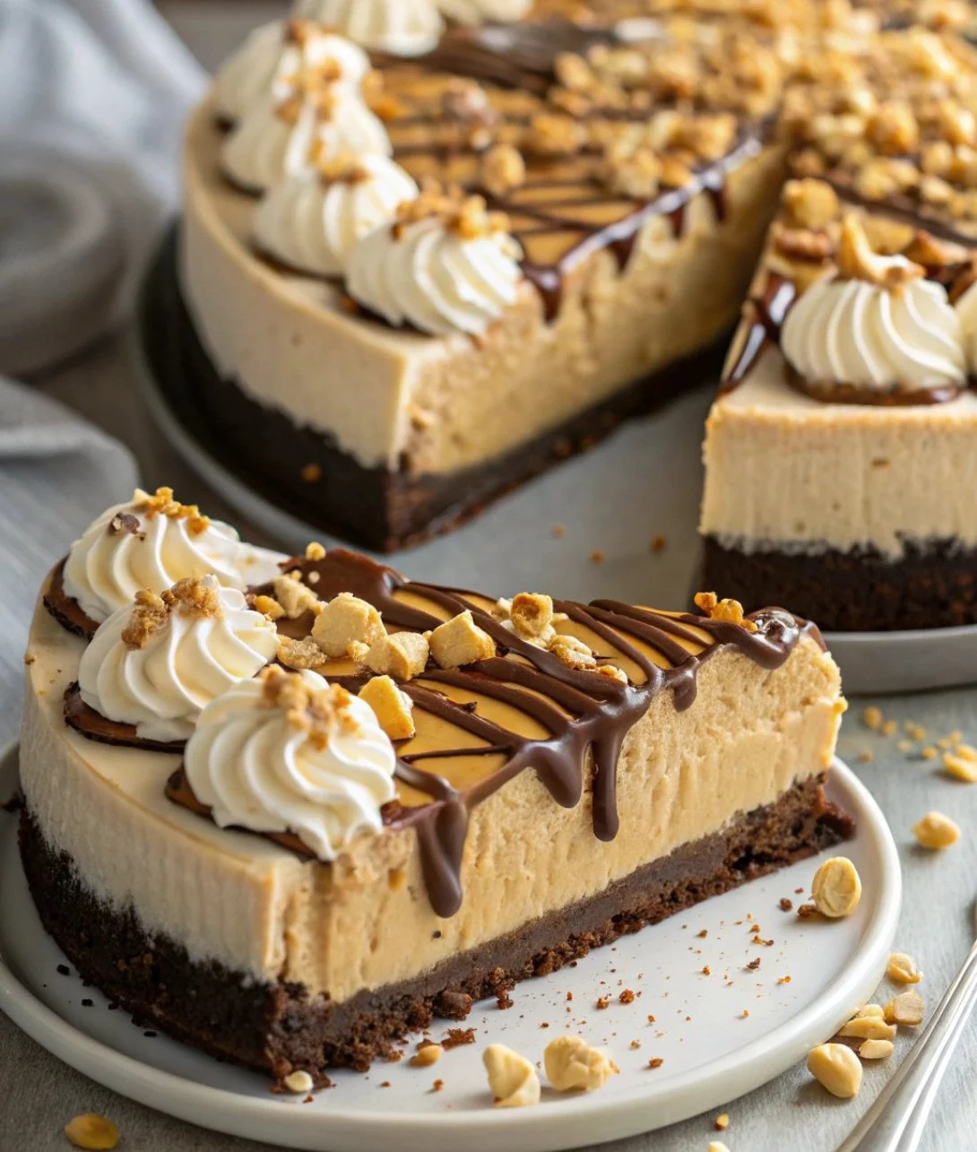 No Bake Peanut Butter Cheesecake topped with chocolate drizzle