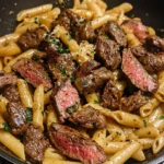 One-skillet spicy garlic butter Parmesan steak pasta garnished with herbs