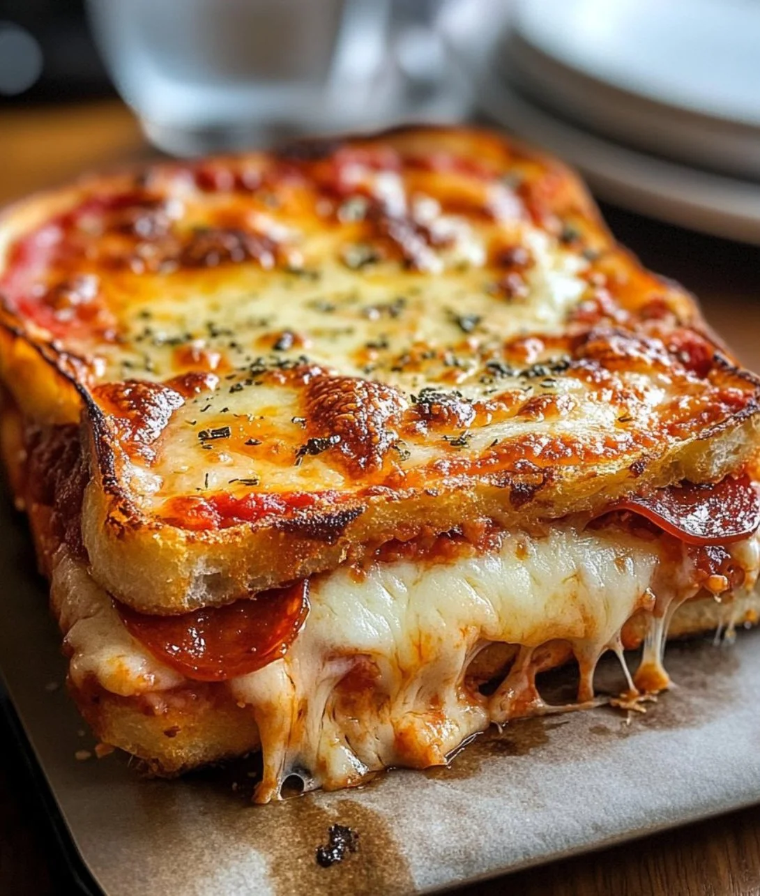 Cheesy Pizza Grilled Cheese sandwich with melted cheese and pizza toppings