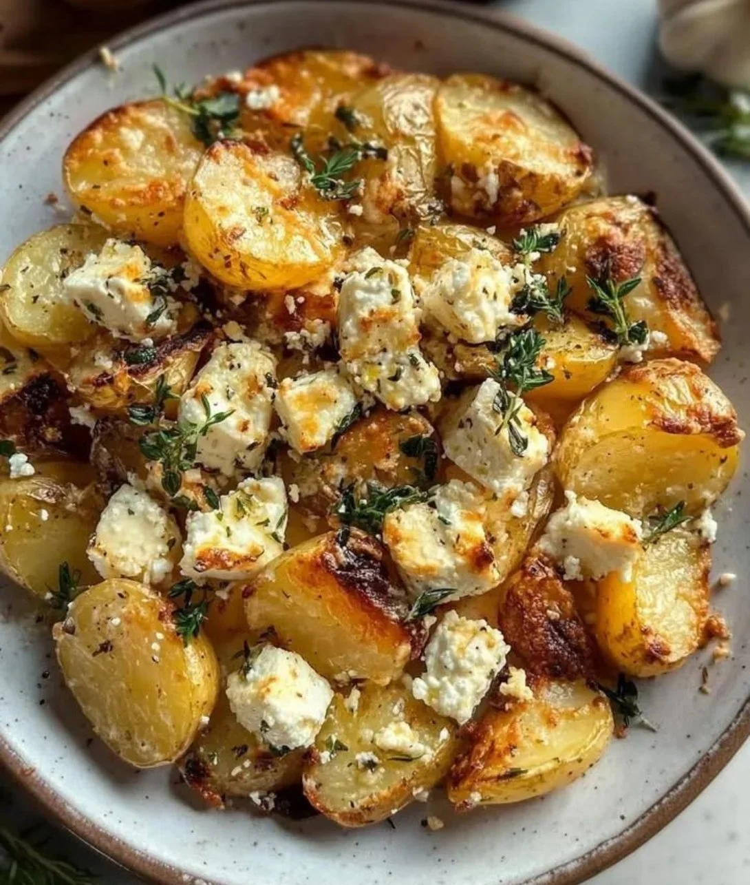 Plate of roasted potatoes with baked feta cheese and garlic cloves