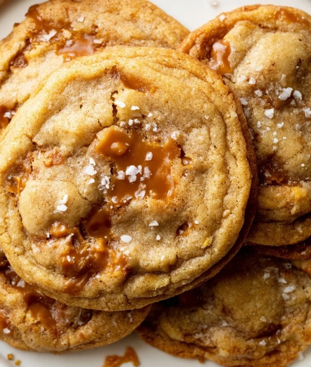 Freshly baked sea salt caramel cookies on a cooling rack