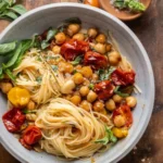 Plate of slow roasted tomato and chickpea pasta garnished with fresh herbs
