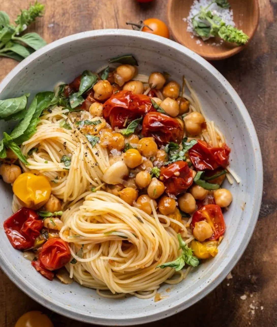 Plate of slow roasted tomato and chickpea pasta garnished with fresh herbs