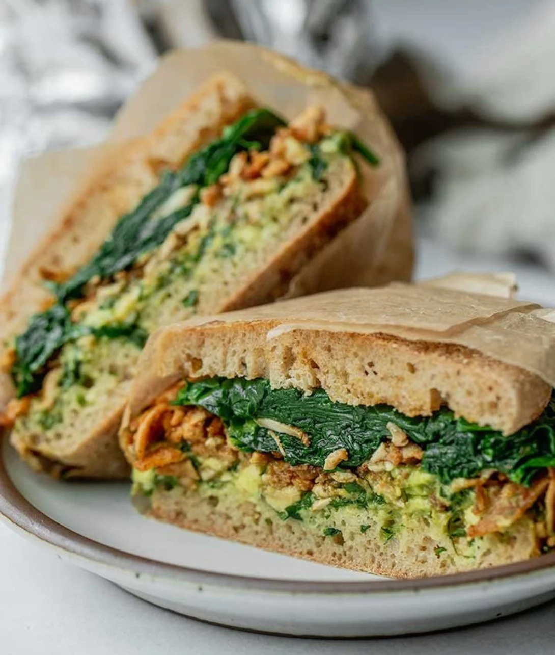 Smoky Shredded Tofu Breakfast Sandwich with fresh ingredients and crispy tofu
