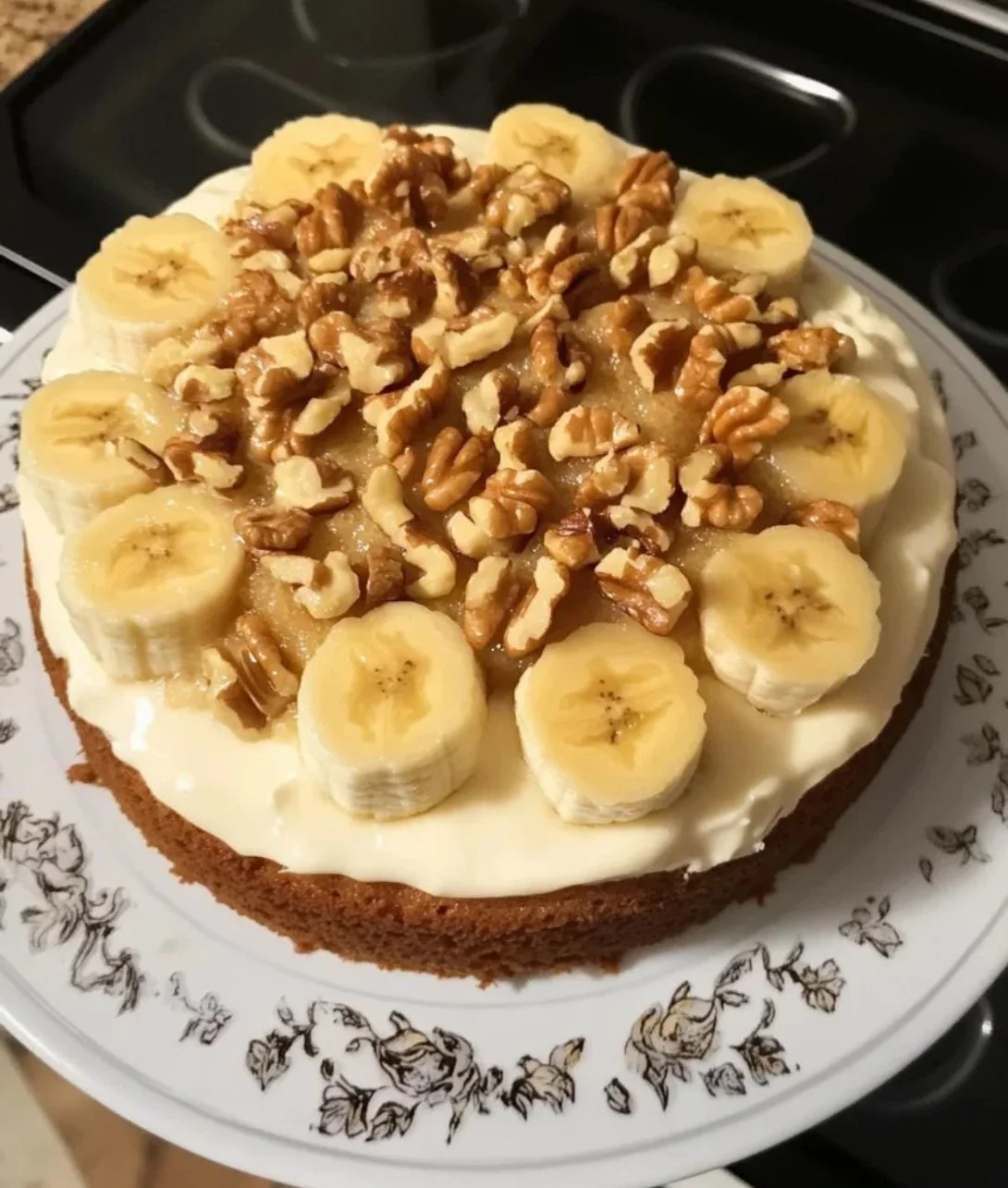 Delicious soft and moist banana cake slice on a white plate