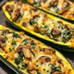 Spinach, mushroom, and ricotta stuffed zucchini boats ready to serve