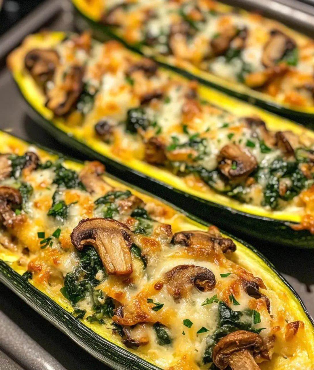 Spinach, mushroom, and ricotta stuffed zucchini boats ready to serve