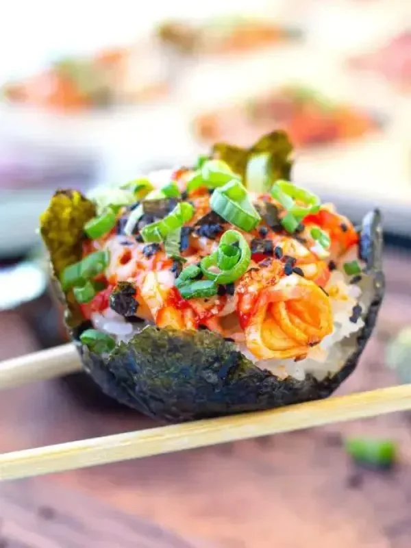 Delicious homemade sushi bake cups served on a plate.