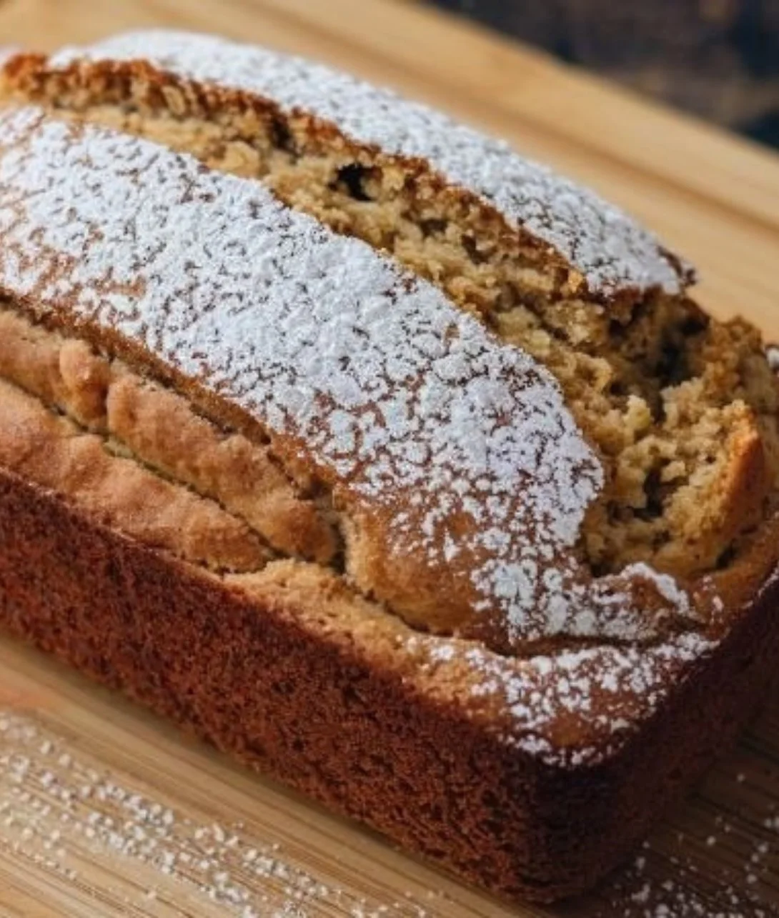 Slice of high protein banana bread topped with bananas and nuts