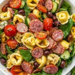 Colorful tortellini salad with fresh vegetables and dressing