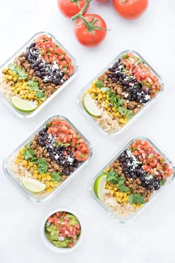 Delicious Turkey Burrito Bowls topped with fresh ingredients and spices