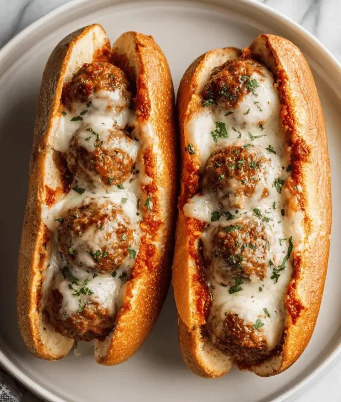 Delicious Turkey Meatball Subs served on a fresh roll with marinara sauce