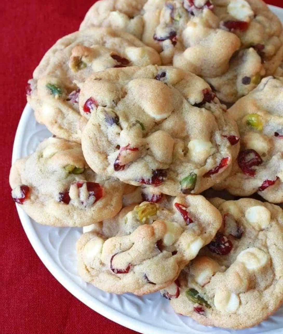 Delicious white chocolate cranberry pistachio cookies on a cooling rack