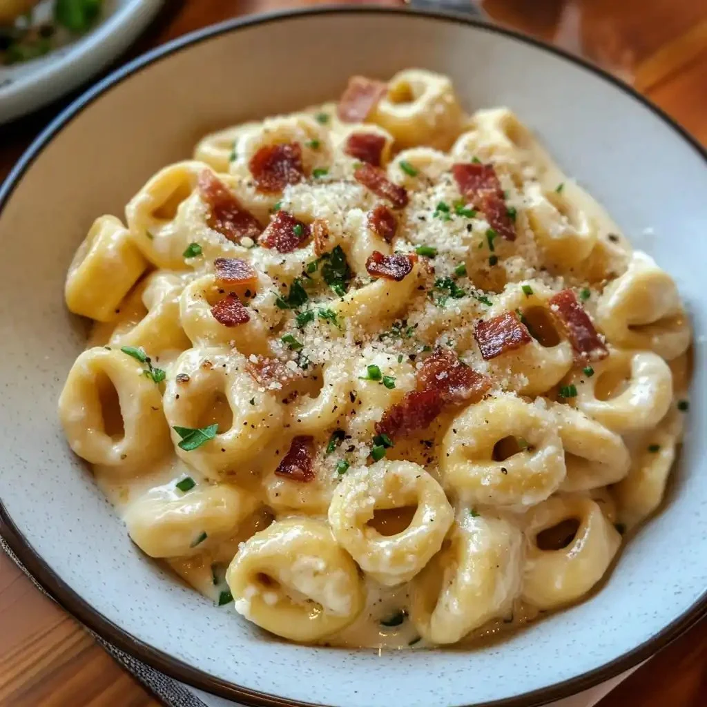 Creamy tortellini carbonara served in a bowl with garnished parsley