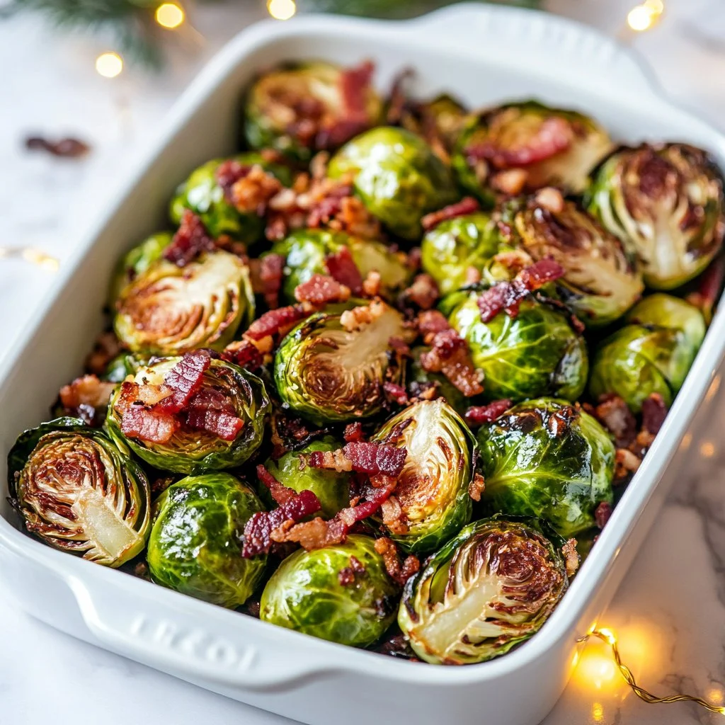 Bacon-Glazed Brussels Sprouts served on a plate with crispy bacon bits