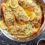 Baked salmon fillets topped with lemon butter cream sauce